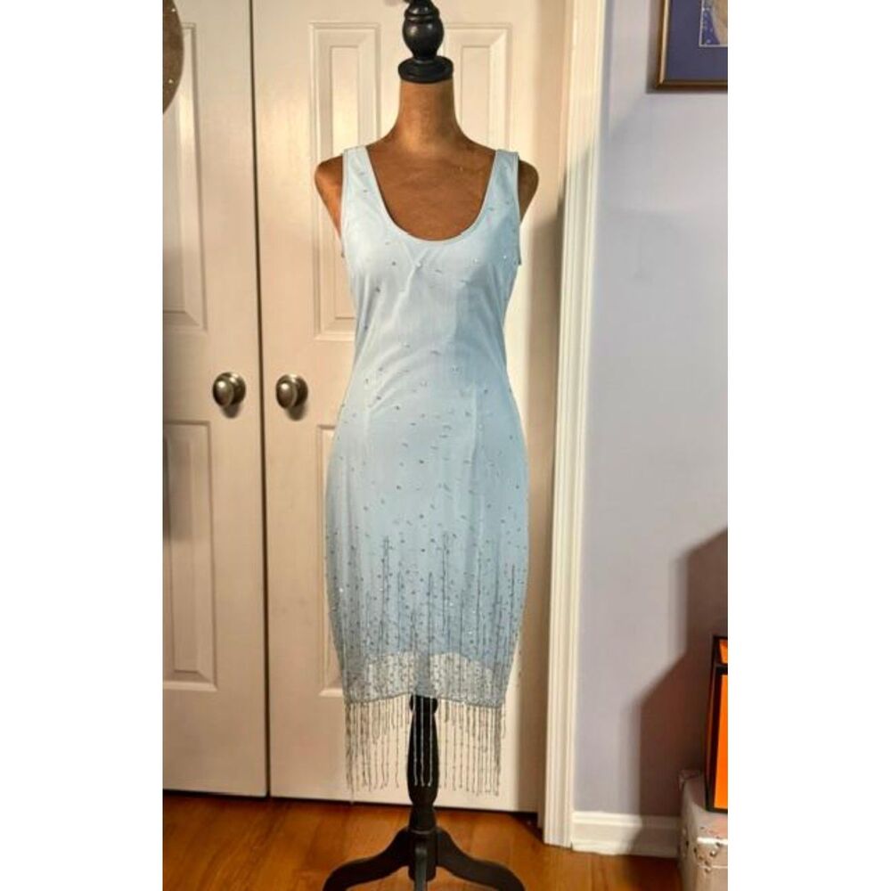 NWT Vintage Y2K Laundry by Shelli Segal Aqua Blue Beaded Dress Size 4